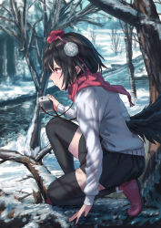 Rule 34 | 1girl, bare tree, black hair, black skirt, black thighhighs, black wings, camera, commentary request, day, expressionless, feathered wings, flower, from side, full body, hair between eyes, hat, highres, holding, holding camera, jacket, long sleeves, low wings, on one knee, outdoors, pointy ears, pom pom (clothes), profile, red eyes, red flower, red footwear, red hat, red scarf, roke (taikodon), scarf, shameimaru aya, shoes, short hair, skirt, snow, solo, stream, tassel, thighhighs, thighs, tokin hat, touhou, tree, white jacket, wings, winter, zettai ryouiki