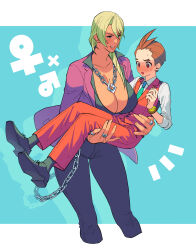 Rule 34 | 1boy, 1girl, absurdres, ace attorney, antenna hair, apollo justice, aqua necktie, belt chain, black footwear, black pants, black shirt, black socks, blonde hair, blue background, blue eyes, blush, bracelet, breasts, brown eyes, brown hair, buttons, carrying, chain belt, chain necklace, cleavage, collared shirt, cropped legs, dark-skinned female, dark skin, drill hair, embarrassed, feet out of frame, forked eyebrows, formal, genderswap, genderswap (mtf), grin, hair over shoulder, hand up, hetero, highres, huge breasts, jacket, jewelry, klavier gavin, lapel pin, lapels, long hair, long sleeves, mars symbol, multiple rings, necklace, necktie, open clothes, open jacket, ouse (otussger), oxfords, pants, partially unbuttoned, pocket, princess carry, purple jacket, red pants, red suit, red vest, ring, shirt, shoes, short hair, simple background, sleeves rolled up, smile, socks, suit, suit jacket, thick eyebrows, thumb ring, venus symbol, vest, white shirt
