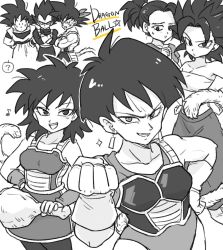 Rule 34 | 10s, 3boys, 4girls, :d, ?, armor, bandana, bandeau, bardock, black eyes, black hair, caulifla, clenched hands, copyright name, crossed arms, dougi, dragon ball, dragon ball super, dragonball z, earrings, food, frown, gine, gloves, greyscale, hand on own hip, jewelry, kale (dragon ball), looking at another, looking at viewer, meat, monochrome, multiple boys, multiple girls, musical note, open mouth, quaver, serious, seripa, short hair, simple background, single hair intake, smile, son goku, sparkle, spiked hair, sweatdrop, tail, tank top, time paradox, tkgsize, vegeta, white background, wristband