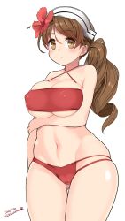 Rule 34 | 10s, 1girl, 2015, bikini, blush, breast hold, breasts, brown eyes, brown hair, covered erect nipples, dated, deep skin, female focus, flower, groin, hair flower, hair ornament, hibiscus, highres, kantai collection, kuro chairo no neko, large breasts, littorio (kancolle), long hair, maid headdress, navel, paw print, red bikini, simple background, skindentation, solo, swimsuit, twitter username, underboob, wavy hair, white background, wide hips