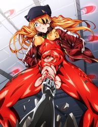 Rule 34 | 1girl, bodysuit, breasts, clitoris, cunt punt, erect clitoris, eyepatch, fisting, from below, guro, highres, impossible bodysuit, impossible clothes, indoors, large clitoris, long hair, male hand, medium breasts, neon genesis evangelion, no panties, orange hair, pokonyan, puffy nipples, pussy, solo focus, souryuu asuka langley, spread legs, torn bodysuit, torn clothes, uncensored, what