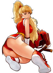 Rule 34 | 1girl, absurdres, ass, blonde hair, breasts, brown eyes, capcom, capcom vs snk 2, commentary, english commentary, final fight, from behind, full body, genryuusai maki, high ponytail, highres, japanese clothes, kim sung hwan, kimono, large breasts, lips, looking at viewer, nike (company), ninja, no pants, nose, panties, pantyshot, red footwear, red panties, shoes, short kimono, side slit, sleeveless, sneakers, socks, solo, street fighter, thighs, tonfa, twisted torso, underwear, upskirt, vambraces, weapon, white background