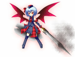 Rule 34 | 1girl, alternate costume, bad id, bad pixiv id, blue hair, cicin, fang, female focus, hat, healer (armor), monster hunter (series), red eyes, remilia scarlet, shield, solo, touhou, weapon, wings