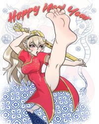Rule 34 | alternate costume, barefoot, black hairband, blonde hair, breasts, china dress, chinese clothes, chinese zodiac, commentary, corrin (female) (fire emblem), corrin (fire emblem), covered navel, dragon, dress, english commentary, feet, fire emblem, fire emblem fates, foot focus, foreshortening, from above, full body, hairband, happy new year, highres, holding, holding sword, holding weapon, kung fu, large breasts, legendsnjk, long hair, looking up, new year, nintendo, open mouth, pointy ears, red eyes, short sleeves, slit pupils, soles, split, standing, standing on one leg, standing split, sword, toes, v-shaped eyebrows, weapon, yato (fire emblem), year of the dragon, zoom layer