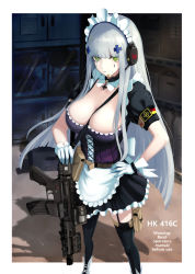 Rule 34 | 1girl, apron, assault rifle, belt, between breasts, black thighhighs, blunt bangs, boots, breasts, chaciooh, character name, cleavage, collarbone, detached collar, expressionless, facial mark, feet out of frame, frills, girls&#039; frontline, gloves, green eyes, grey hair, gun, h&amp;k hk416, hair ornament, hand on own hip, heckler &amp; koch, highres, hk416 (girls&#039; frontline), large breasts, long hair, looking at viewer, maid, maid headdress, parted lips, rifle, solo, strap between breasts, teardrop, thighhighs, very long hair, waist apron, weapon, white footwear, white gloves