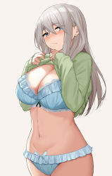 Rule 34 | 1girl, blue bra, blue eyes, blue panties, blush, bra, breasts, cccpo, closed mouth, clothes lift, green shirt, grey background, hair between eyes, highres, large breasts, lifted by self, long hair, long sleeves, looking at viewer, navel, original, panties, shirt, silver hair, simple background, solo, thighs, underwear