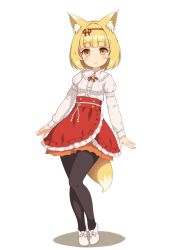 Rule 34 | 1girl, animal ear fluff, animal ears, arm at side, bell, black pantyhose, blonde hair, blunt bangs, blush, breasts, buttons, center frills, closed mouth, contrapposto, fox ears, fox girl, fox tail, frilled skirt, frills, hair ornament, hair ribbon, jingle bell, long sleeves, looking at viewer, neck ribbon, original, pantyhose, red ribbon, red skirt, ribbon, sasaame, shadow, shirt, shoes, short hair, simple background, skirt, small breasts, smile, solo, standing, tail, white background, white footwear, white shirt, yellow eyes