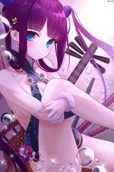 Rule 34 | 1girl, absurdres, backlighting, bare shoulders, blue dress, blue eyes, blunt bangs, blush, breasts, bubble, china dress, chinese clothes, cleavage, closed mouth, collarbone, detached sleeves, dress, fate/grand order, fate (series), flute, gradient background, hair ornament, highres, hugging own legs, instrument, knee up, large breasts, leaf hair ornament, leavv, long hair, looking at viewer, pipa (instrument), purple background, purple hair, side slit, sidelocks, sitting, smile, solo, sparkle, twintails, very long hair, yang guifei (fate), yang guifei (second ascension) (fate)