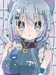 Rule 34 | 1girl, absurdres, animal ears, arm garter, bell, blue eyes, blue hair, blush, breasts, cat ears, cat girl, cat tail, collar, crying, fish hair ornament, fish skeleton, hair ornament, hairclip, heart, heart hair ornament, heart o-ring, highres, large breasts, lock, long hair, nagihoko, name tag, neck bell, o-ring collar, original, parted lips, pill, sleeveless, solo, tail, tears, wing hair ornament, zipper