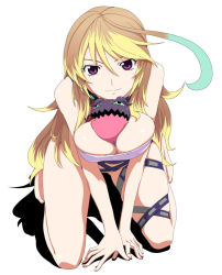 Rule 34 | 1girl, ahoge, aqua eyes, arm support, barefoot, between breasts, blonde hair, blue hair, breasts, cleavage, creature, doll, large breasts, leaning forward, long hair, milla maxwell, multicolored hair, purple eyes, red eyes, smile, solo, strapless, tales of (series), tales of xillia, teepo (tales), tube top, yoshida keiji