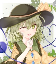 Rule 34 | 1girl, blake chun, blouse, border, bow, collar, collared shirt, crystal, eyes visible through hair, frills, green background, green eyes, green hair, grey hat, hair between eyes, hand up, hat, hat bow, heart, heart in eye, highres, jewelry, komeiji koishi, leaf, long sleeves, looking at viewer, one eye closed, open mouth, pointing, shirt, short hair, smile, solo, symbol in eye, third eye, touhou, white border, wide sleeves, yellow bow, yellow shirt