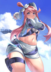 Rule 34 | 1girl, :3, absurdres, arm behind head, arm up, belt, blue belt, blue eyes, blue gloves, blue jacket, blue shorts, blue sky, blush, breasts, breasts apart, clenched hand, closed mouth, cloud, commentary, commission, cowboy shot, creatures (company), crop top, cropped jacket, day, elbow gloves, fish bread, game freak, gloves, groin, gym leader, hair between eyes, hair ornament, halftone, highres, holding, holding poke ball, holster, impossible clothes, jacket, large breasts, long hair, long sleeves, looking at viewer, midriff, navel, nintendo, poke ball, poke ball (basic), pokemon, pokemon bw, pouch, red hair, short shorts, shorts, sidelocks, sky, skyla (pokemon), smile, solo, standing, swept bangs, thigh holster, thigh pouch, thigh strap
