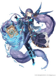 Rule 34 | 1girl, blue eyes, bodysuit, book, cleavage cutout, clothing cutout, covered navel, fins, floating, floating book, floating object, full body, gold trim, hand on own chin, highres, jino, long coat, long hair, ningyo hime (sinoalice), official art, purple hair, sinoalice, skin tight, solo, very long hair, water, white background