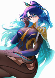 Rule 34 | 1girl, aqua eyes, aqua hair, blue hair, bodystocking, breasts, capelet, cloud retainer (genshin impact), colored inner hair, commentary, genshin impact, glasses, hand up, head tilt, highres, large breasts, long hair, multicolored hair, parted lips, red-framed eyewear, ricin, simple background, sitting, solo, thighs, very long hair, white background, xianyun (genshin impact)