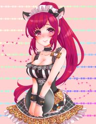 Rule 34 | 1girl, alternate costume, animal ears, apron, arm garter, artist request, asami kei, black dress, blush, breasts, cat ears, collarbone, corset, cowboy shot, dress, enmaided, frilled skirt, frills, gem, girlfriend (kari), heart, highres, holding, holding tray, jewelry, large breasts, long hair, maid, maid apron, maid headdress, pearl (gemstone), pink background, ponytail, red eyes, red hair, sidelocks, simple background, skirt, smile, solo, striped, striped background, tray, very long hair, waist apron, wavy mouth, wrist cuffs