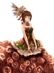 Rule 34 | 1girl, amami haruka, bare shoulders, breasts, brown hair, cleavage, dress, flower, green eyes, hair ribbon, idolmaster, idolmaster (classic), looking at viewer, ribbon, rose, short hair, signature, simple background, smile, solo, white background, yatsuka (846)