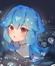 Rule 34 | 1girl, :o, bao (vtuber), blue hair, blush, bubble, commentary, crying, crying with eyes open, dated, english commentary, hair between eyes, indie virtual youtuber, kobutanori, long hair, looking at viewer, nude, parted lips, partially submerged, red eyes, signature, solo, tears, virtual youtuber, water