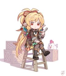Rule 34 | 1girl, animal ears, backpack, bag, bird, blonde hair, botamochi (exwelder), box, brown dress, brown legwear, chicken, closed mouth, dress, full body, granblue fantasy, harvin, holding, holding wrench, ladder, long hair, long sleeves, looking at viewer, mahira (granblue fantasy), okobo, red eyes, sandals, shadow, sidelocks, signature, simple background, sitting, solo, white background, wrench