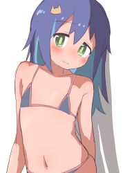 Rule 34 | 1girl, bare arms, bare shoulders, bikini, blue hair, blush, collarbone, colored inner hair, commentary, contrapposto, flat chest, green eyes, hair between eyes, hair ornament, hatafuta, long hair, looking at viewer, multicolored hair, navel, onii-chan wa oshimai!, simple background, smile, solo, stomach, swimsuit, tenkawa nayuta, two-tone hair, underwear, underwear only, upper body, white background