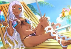 Rule 34 | 2girls, bandaged leg, bandages, barefoot, beach, black eyes, blue eyes, blue pupils, blue sky, breasts, bright pupils, cloud, cloudy sky, colored skin, crossed legs, cupping glass, dark-skinned female, dark skin, day, facial mark, feet out of frame, flower, foot out of frame, from behind, full body, grey hair, haimura kiyotaka, hand up, heterochromia, large breasts, leaf, long hair, looking at viewer, lying, multiple girls, mummy, nail polish, navel, nephtys, niang-niang, ocean, on back, open mouth, orange eyes, outdoors, palm leaf, pink nails, pink pupils, purple skin, red eyes, sand, sky, stomach, swimsuit, teardrop facial mark, teeth, thighs, toaru majutsu no index, toaru majutsu no index: imaginary fest, toaru majutsu no index: new testament, undead, upper teeth only, very dark skin, very long hair, water, yellow flower