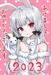 Rule 34 | 1girl, 2023, ama-tou, animal ears, bare shoulders, black bow, blush, bow, breasts, chinese zodiac, collarbone, commentary request, dress, fur-trimmed dress, fur-trimmed gloves, fur trim, gloves, grey hair, hair bow, hands up, head tilt, holding, long hair, parted lips, pink background, polka dot, polka dot background, rabbit ears, red eyes, small breasts, snow rabbit, solo, sophie twilight, strapless, strapless dress, tonari no kyuuketsuki-san, translation request, very long hair, white dress, white gloves, year of the rabbit