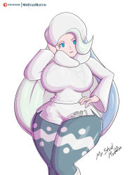 Rule 34 | 1girl, blue eyes, boots, breasts, creatures (company), game freak, grey hair, hand on head, hand on thigh, hat, highres, large breasts, lips, long hair, mature female, melony (pokemon), mrstudmuffin, nintendo, pants, pokemon, pokemon swsh, shiny clothes, shiny skin, shorts, signature, solo, standing, sweater, teeth, thick thighs, thighs, very long hair