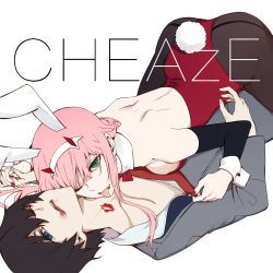 Rule 34 | 1boy, 1girl, alternate costume, animal ears, back, bite mark, biting, black hair, blood, blood on face, blue eyes, breast press, breasts, chenaze57, couple, darling in the franxx, english text, fake animal ears, fang, girl on top, green eyes, hair between eyes, hairband, highres, hiro (darling in the franxx), holding, holding hands, leotard, licking, long hair, lying, medium breasts, moaning, nail polish, neck, neck biting, on back, one eye closed, open clothes, open mouth, pantyhose, pink hair, playboy bunny, rabbit ears, rabbit tail, red leotard, red nails, short hair, shoulder blades, simple background, strapless, strapless leotard, tail, tight clothes, tongue, tongue out, top-down bottom-up, undressing, white background, wince, zero two (darling in the franxx), zipper pull tab