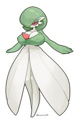 Rule 34 | 1girl, breasts, cleavage, closed mouth, covered erect nipples, creatures (company), dress, full body, game freak, gardevoir, gen 3 pokemon, green hair, hair over one eye, highres, huge breasts, kaz an, nintendo, pokemon, pokemon (creature), red eyes, short hair, simple background, solo, standing, white background, white dress