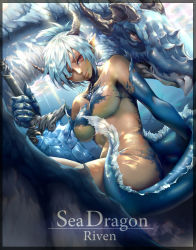 Rule 34 | 1girl, absurdres, alternate costume, black border, blue eyes, blue hair, border, breasts, character name, closed mouth, collarbone, dappled sunlight, dark skin, dark-skinned female, dragon, gauntlets, heterochromia, highres, holding, holding sword, holding weapon, horns, large breasts, league of legends, light rays, looking at viewer, matching hair/eyes, monster, pink lips, pointy ears, ponytail, red hair, revealing clothes, riven (league of legends), scales, short hair, sitting, smile, solo, sunlight, sword, thighs, underboob, unsheathed, weapon, xiao ji (kair030)