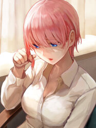 Rule 34 | 1girl, blue eyes, breasts, cleavage, collared shirt, commentary request, curtains, go-toubun no hanayome, hair between eyes, highres, indoors, ishiyuki, large breasts, long sleeves, nakano ichika, pink hair, shirt, short hair, sitting, solo, upper body, white shirt