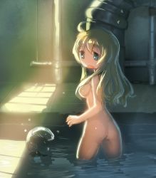 Rule 34 | 1girl, ahoge, ass, blonde hair, blue eyes, bow (bhp), breasts, cowboy shot, female focus, fish, from behind, hair over breasts, large breasts, light, long hair, nude, open mouth, shoujo shuumatsu ryokou, solo, water, wavy hair, yuuri (shoujo shuumatsu ryokou)