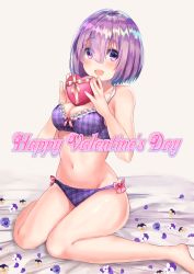 Rule 34 | 1girl, :d, alternate costume, bare arms, bare legs, bare shoulders, barefoot, bed sheet, blush, bow, bow bra, bow panties, box, bra, breasts, brown background, cleavage, commentary request, fate/grand order, fate (series), fingernails, flower, gift, gift box, hair between eyes, happy valentine, heart-shaped box, holding, holding gift, looking at viewer, mash kyrielight, medium breasts, navel, open mouth, panties, petals, plaid, plaid bra, plaid panties, purple bra, purple eyes, purple flower, purple hair, purple panties, short hair, sitting, smile, solo, thighs, tomu (zundaizu106), underwear, underwear only, valentine, violet (flower), wariza, white flower, yellow flower