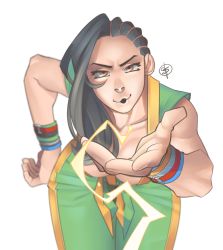 Rule 34 | 1girl, asymmetrical hair, black hair, blowing, breasts, cleavage, collarbone, conto, cornrows, electricity, front-tie top, hanging breasts, laura matsuda, leaning, leaning forward, looking at viewer, solo, street fighter, street fighter v, wristband