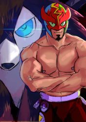 Rule 34 | 1boy, bare pectorals, closed mouth, collarbone, commentary request, creatures (company), crossed arms, facial hair, game freak, gen 7 pokemon, goatee, highres, luchador mask, lycanroc, lycanroc (midday), male focus, masked royal, navel, nintendo, nipples, pants, pectorals, pokemon, pokemon (creature), pokemon sm, red pants, sketch, smile, tofu (tofulabo), topless male