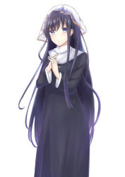 Rule 34 | 1girl, black hair, blue eyes, blush, fegod6666, habit, hands up, highres, long hair, long sleeves, nun, original, own hands together, simple background, solo, standing, traditional nun, very long hair, white background