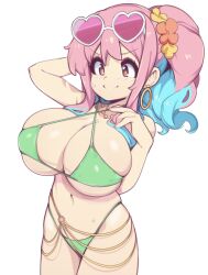 Rule 34 | 1girl, arm up, bare shoulders, bikini, blue hair, blush, breasts, cleavage, collarbone, colored inner hair, commentary, cowboy shot, earrings, green bikini, hand up, highleg, highleg bikini, highres, hoop earrings, hozuki kaede, jewelry, large breasts, light blue hair, long hair, multicolored hair, nail polish, navel, necklace, onii-chan wa oshimai!, pink hair, pink nails, ponytail, sidelocks, slugbox, smile, solo, swimsuit, symbol-only commentary, thighs, two-tone hair, underboob, v-shaped eyebrows, white background, yellow pupils