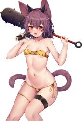 Rule 34 | 1girl, animal ears, animal print, bandeau, breasts, brown hair, cat ears, cat girl, cat tail, club, club (weapon), ehoumaki, fang, food, highres, holding, holding weapon, horns, kanabou, kida kuro mu, looking at viewer, makizushi, navel, oni horns, open mouth, orange eyes, original, panties, setsubun, short hair, side-tie panties, small breasts, stomach, sushi, tail, thigh strap, tiger print, tongue, tongue out, underwear, underwear only, weapon