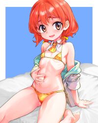 Rule 34 | 1girl, absurdres, ascot, barefoot, bikini, blue background, border, bow, collared bikini, commentary, commission, hair bow, highres, looking at viewer, low twintails, navel, off shoulder, on bed, open mouth, orange hair, original, outside border, pixiv commission, short twintails, sitting, smile, solo, spread navel, stomach, swimsuit, thighs, tsukiyono aroe, twintails, white border, yellow ascot, yellow bikini, yellow bow