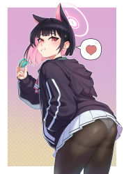 Rule 34 | 1girl, absurdres, animal ears, ass, black choker, black hair, black jacket, blue archive, blush, brown pantyhose, choker, colored inner hair, commentary request, eating, food, from behind, hair ornament, hairclip, halo, heart, highres, holding, holding food, hood, hooded jacket, jacket, jdw, kazusa (blue archive), long sleeves, looking at viewer, miniskirt, multicolored hair, panties, panties under pantyhose, pantyhose, pink background, pink eyes, pink hair, pleated skirt, red eyes, short hair, skirt, smile, solo, spoken heart, two-tone hair, underwear, wedgie