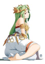 Rule 34 | 1girl, alternate eye color, ancient greek clothes, armlet, ass, automatic giraffe, bare shoulders, barefoot, chiton, forehead jewel, green hair, highres, jewelry, kid icarus, kid icarus uprising, laurel crown, long hair, lying, nintendo, no shoes, palutena, pendant, red eyes, simple background, single thighhigh, smile, solo, thighhighs, toes, white background