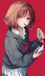 Rule 34 | 1girl, absurdres, black shirt, blush, brown hair, cellphone, food, highres, higuchi madoka, holding, holding phone, idolmaster, idolmaster shiny colors, looking at viewer, mole, mole under eye, mouth hold, nail polish, phone, plaid, plaid skirt, pleated skirt, pocky, red background, red eyes, rosu 1109, school uniform, shirt, short hair, simple background, skirt, solo, zipper pull tab