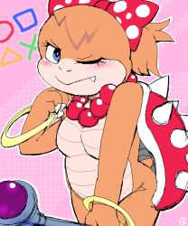 Rule 34 | 1girl, blush, bracelet, circle, claws, fang, furry, furry female, g-sun, jewelry, koopalings, mario (series), necklace, nintendo, one eye closed, pink background, ring, shell, solo, spikes, square, super mario bros. 1, super mario bros. 3, tail, triangle, wendy o. koopa, wink, x (letter)