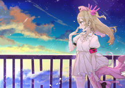 Rule 34 | 1girl, armband, bandaged arm, bandages, blush, cloud, commentary request, damaged, dress, hair between eyes, hair ornament, hat, heart, light brown hair, long hair, natori sana, night, night sky, nurse cap, open mouth, pink hat, profile, puffy short sleeves, puffy sleeves, rabbit hair ornament, railing, red eyes, sana channel, short sleeves, sky, solo, star (sky), starry sky, tajima ryuushi, thighhighs, two side up, virtual youtuber, white dress, white thighhighs