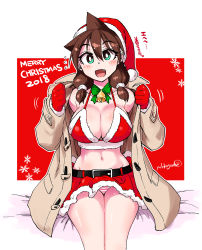 Rule 34 | 1girl, 2018, :d, absurdres, amano megumi, amano megumi wa suki darake!, belt, bikini, blush, bow, bowtie, breasts, bright pupils, brown hair, christmas, cleavage, coat, commentary request, english text, fang, flying sweatdrops, fur trim, green bow, green bowtie, green eyes, hair between eyes, hat, highres, large breasts, legs together, looking at viewer, low twintails, merry christmas, navel, nekoguchi, open clothes, open coat, open mouth, panties, pantyshot, red background, red bikini, red hat, red skirt, santa bikini, santa costume, santa hat, signature, sitting, skirt, smile, snowflakes, solo, striped clothes, striped panties, swimsuit, twintails, underwear