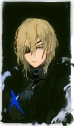 armor bags_under_eyes black_armor black_background blonde_hair blue_eyes border breastplate closed_mouth dimitri_alexandre_blaiddyd eyepatch fire_emblem fire_emblem:_three_houses hair_between_eyes looking_ahead medium_hair nintendo one_eye_covered painterly upper_body white_border woodenmanatees