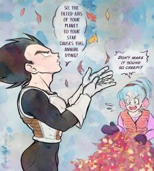 Rule 34 | 1boy, 1girl, armor, autumn leaves, black hair, blue eyes, blue hair, bulma, dragon ball, dragonball z, earmuffs, english text, gloves, hairband, highres, looking up, mittens, open mouth, ponytail, red hairband, twitter username, vegeta, vest, whirlydoodle, white gloves