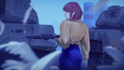 1girl bird blue_theme commentary english_commentary falling_feathers feathers from_behind gun highres holding holding_gun holding_weapon long_hair long_sleeves military_vehicle motor_vehicle original red_hair star_(symbol) tank weapon white_bird zuoteng_lucha