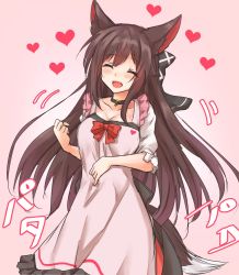 Rule 34 | 1girl, ^ ^, amagi (amagi626), animal ears, apron, black bow, black choker, blush, bow, breasts, brown hair, choker, cleavage, clenched hand, closed eyes, collarbone, commentary request, dress, fang, feet out of frame, frilled apron, frills, gradient background, hair between eyes, hair bow, head tilt, heart, heart apron, highres, imaizumi kagerou, large breasts, long hair, one-hour drawing challenge, open mouth, pink apron, pink background, red bow, short sleeves, sidelocks, smile, solo, standing, tail, touhou, translation request, very long hair, white dress, wolf ears, wolf tail