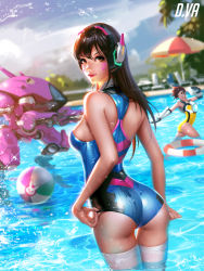 Rule 34 | 2girls, adapted costume, arched back, arm guards, artist name, ass, ball, bare arms, bare shoulders, beach umbrella, beachball, blue one-piece swimsuit, blue sky, blurry, breasts, brown eyes, brown hair, character name, chest harness, closed mouth, commentary, cowboy shot, d.va (overwatch), day, depth of field, dutch angle, facepaint, facial mark, goggles, harness, liang xing, lifebuoy, lips, long hair, mecha, medium breasts, multiple girls, one-piece swimsuit, outdoors, overwatch, overwatch 1, pool, robot, running, short hair, sideboob, sky, smile, solo focus, sparkle, splashing, standing, swim ring, swimsuit, thigh gap, thighhighs, tracer (overwatch), umbrella, wading, water, water drop, watermark, web address, wet, wet clothes, wet swimsuit, whisker markings, white legwear, yellow one-piece swimsuit