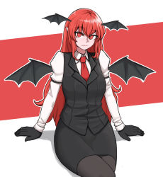 Rule 34 | 1girl, :/, absurdres, armband, bat wings, black gloves, black legwear, black skirt, black vest, breasts, bright pupils, collared shirt, commentary, crossed legs, english commentary, expressionless, gloves, head wings, highres, juliet sleeves, koakuma, long hair, long sleeves, looking at viewer, mata (matasoup), necktie, outline, pointy ears, puffy sleeves, red background, red eyes, red hair, red necktie, shirt, sidelocks, simple background, sitting, skirt, skirt set, slit pupils, small breasts, solo, touhou, very long hair, vest, white background, white pupils, white shirt, wings